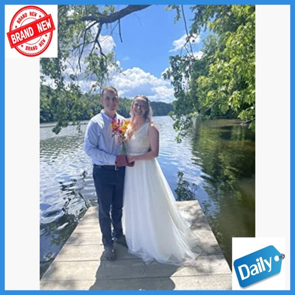 V-Neck Lace A-Line Wedding Dress with Tulle Layers Floor Length - Picture 7 of 7